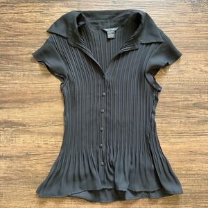 Sunny Taylor Black Micro Pleated Button Down Shirt Large Plisse Whimsigoth 90s